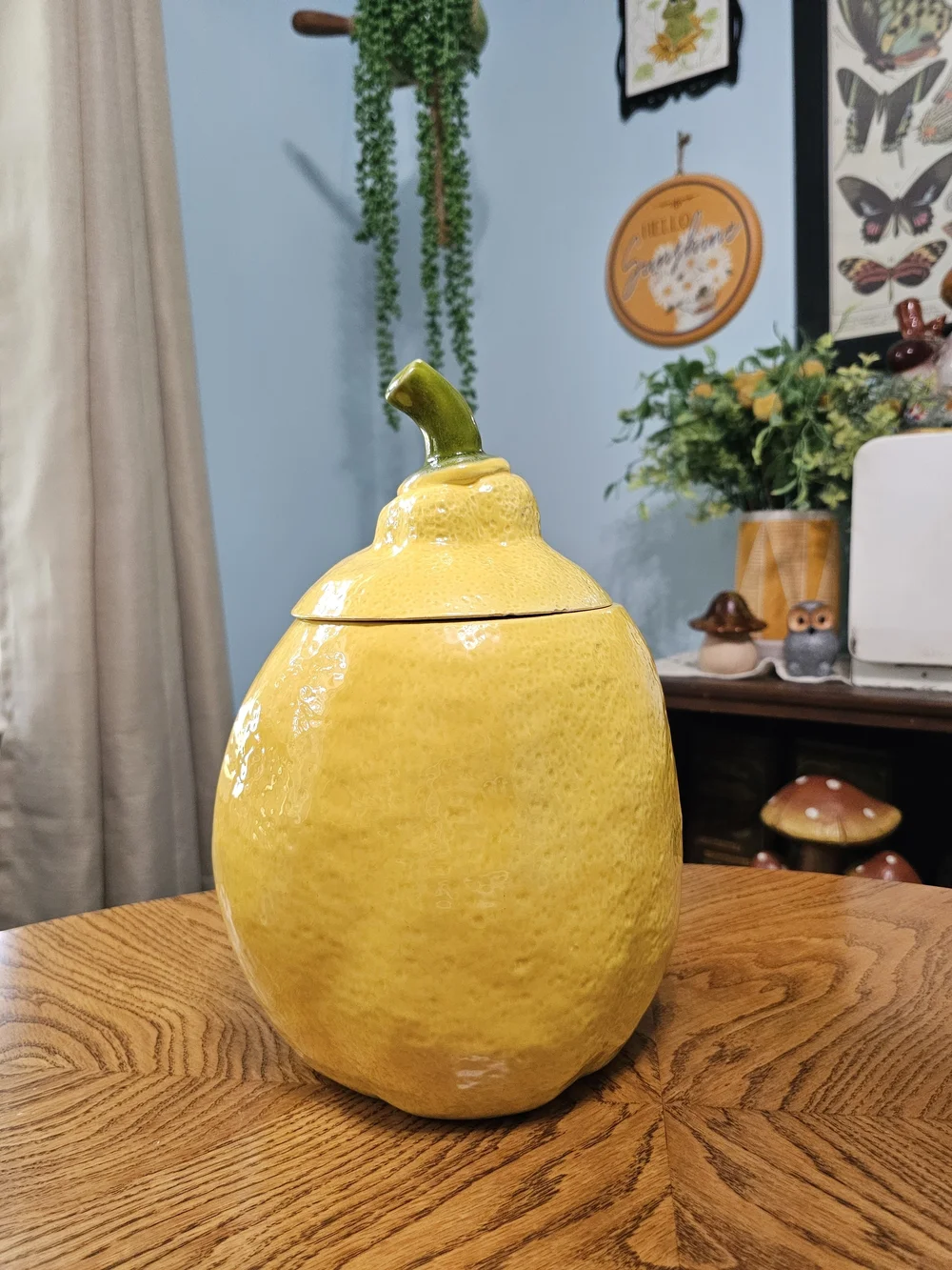 Vintage Ceramic Yellow Lemon Cookie Jar Stem Lid Maximalist Whimsical